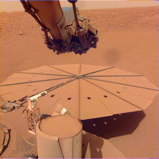 Dust coats one of the InSight lander's two solar arrays.