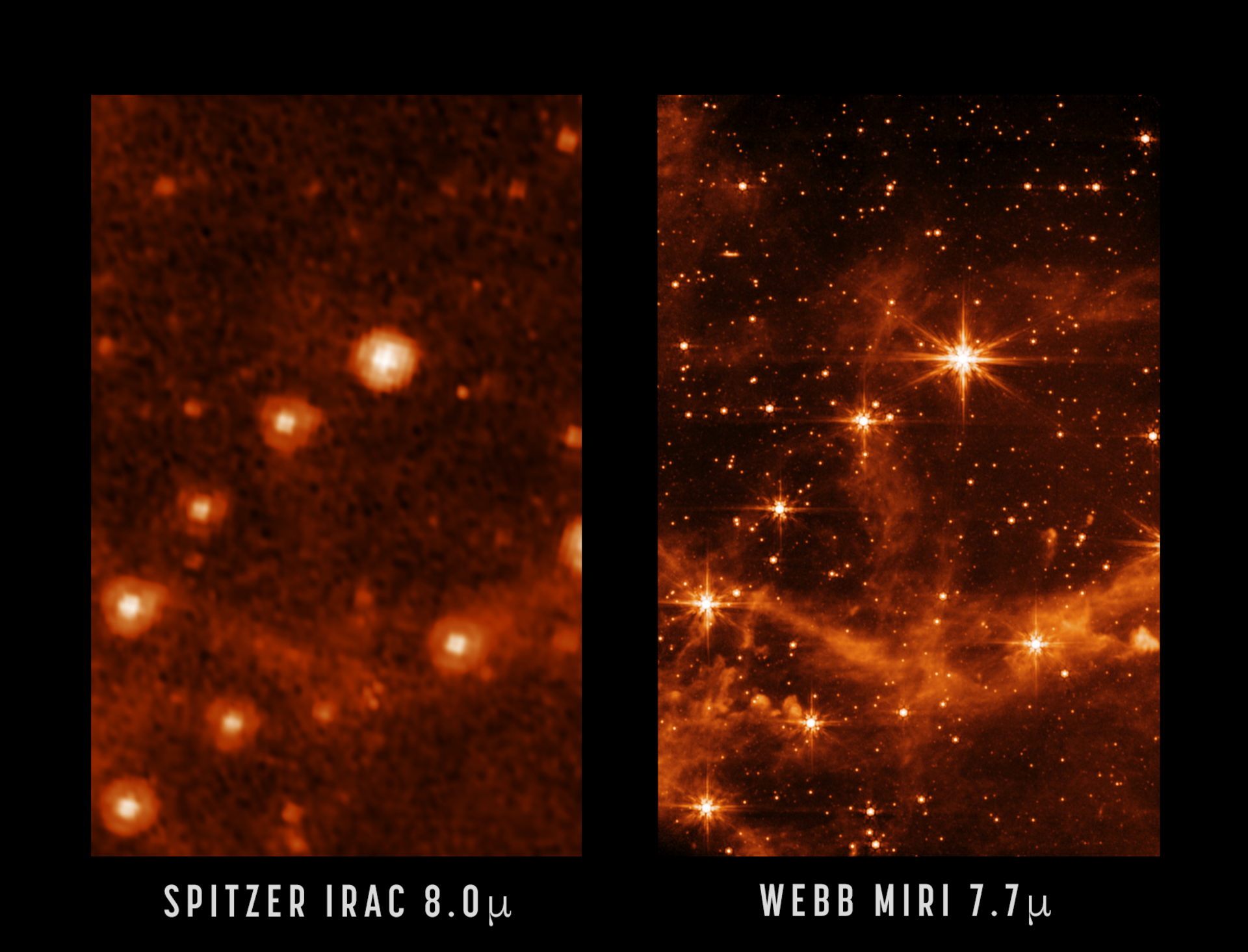 Pictures of the same area Webb Space Telescope with Spitzer Space Telescope