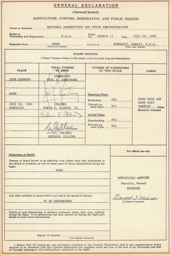 This is the customs declaration form for Apollo 11 after returning from the moon
