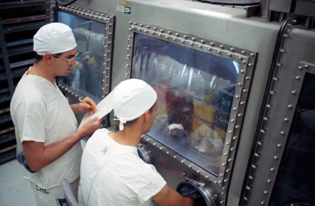 ab technicians study mice that were injected with lunar material collected during Apollo 11 in a photo taken in August 1969