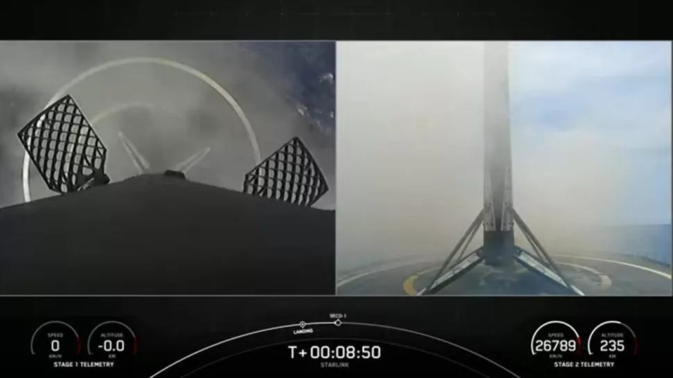 The first stage of a SpaceX Falcon 9 rocket comes down for a landing at sea on June 19, 2022, after launching a communications satellite for the company Globalstar.