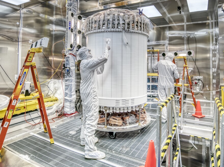The LZ detector module in a clean room before its installation underground in 2019.