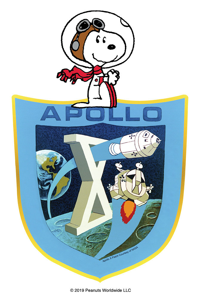 Snoopy and the Apollo spacecraft fly into space