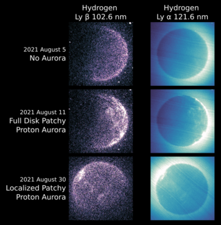 Patchy proton aurora on Mars form when turbulent conditions around the planet allow charged hydrogen particles from the Sun to stream into the Martian atmosphere. Images from August 5 show the typical atmospheric conditions, in which the EMM instrument EMUS detects no unusual activity at two wavelengths associated with the hydrogen atom. But on August 11 and August 30, the instrument observed patchy aurora at both wavelengths, indicating turbulent interactions with the solar wind.