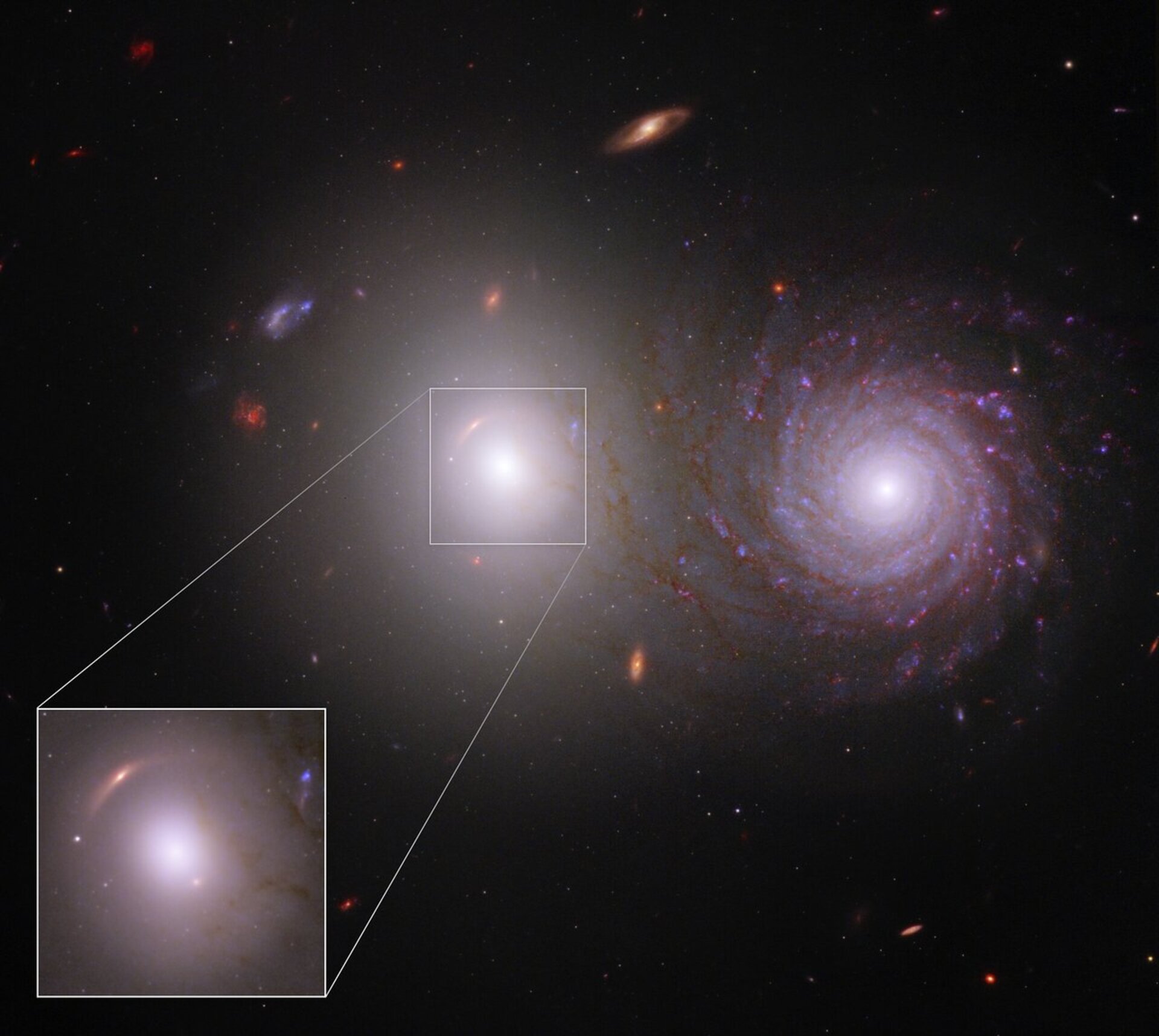 Researchers identified a previously unknown lensed galaxy for the first time in new near-infrared data from the NASA/ESA/CSA James Webb Space Telescope. Examine the white elliptical galaxy at left. A faint red arc appears in the inset at 10 o’clock. This is a very distant galaxy whose appearance is warped in Webb’s image. Its light is bent by the gravity of the elliptical foreground galaxy. Plus, its appearance is duplicated. The stretched red arc reappears – as a dot – at 4 o’clock. These images of the lensed galaxy are so faint and so red that they went unrecognized in Hubble data, but are unmistakable in Webb’s near-infrared image. Simulations of gravitationally lensed galaxies like this help researchers reconstruct how much mass is in individual stars, along with how much dark matter is in the core of this galaxy. This image includes ultraviolet and visible data from the NASA/ESA Hubble Space Telescope. Note: This image highlights Webb’s science in progress, which has not yet been through the peer-review process.