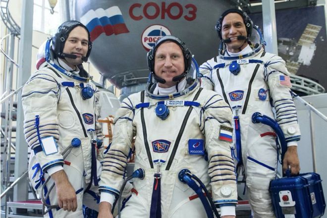 Russian astronauts Sergey Prokopyev and Dmitry Petelin and NASA astronauts Francisco Rubio