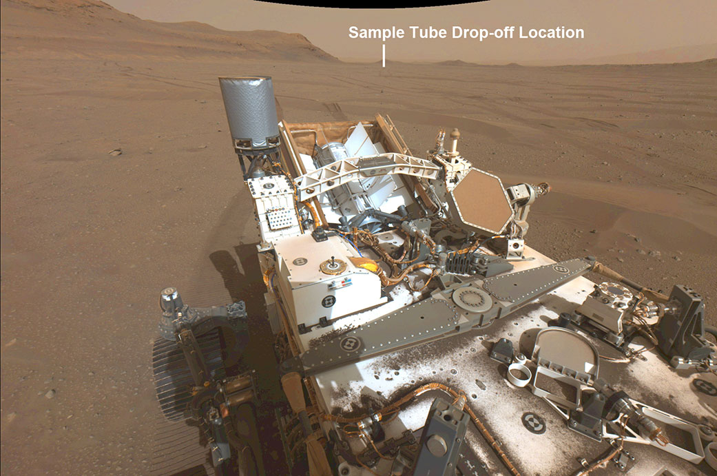 This annotated image from NASA’s Perseverance shows the location of the first sample depot – where the Mars rover will deposit a group of sample tubes for possible future return to Earth – in an area of Jezero Crater called Three Forks. The image was taken Aug. 29, 2022. Credits: NASA/JPL-Caltech