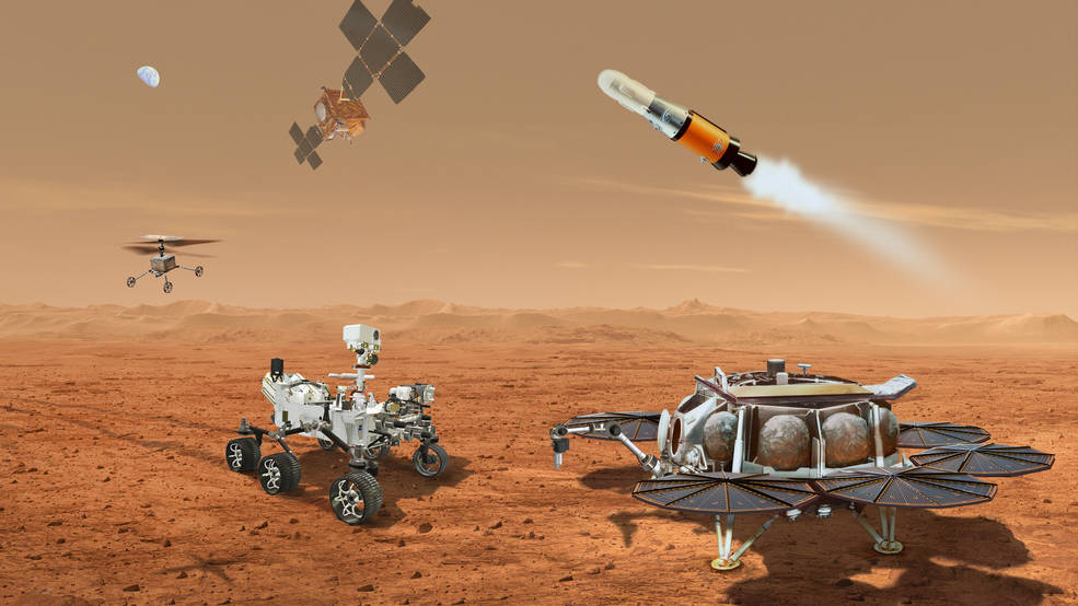 This illustration shows a concept for multiple robots that would team up to ferry to Earth samples of rock and soil collected from the Martian surface by NASA’s Mars Perseverance rover. Credits: NASA/JPL-Caltech