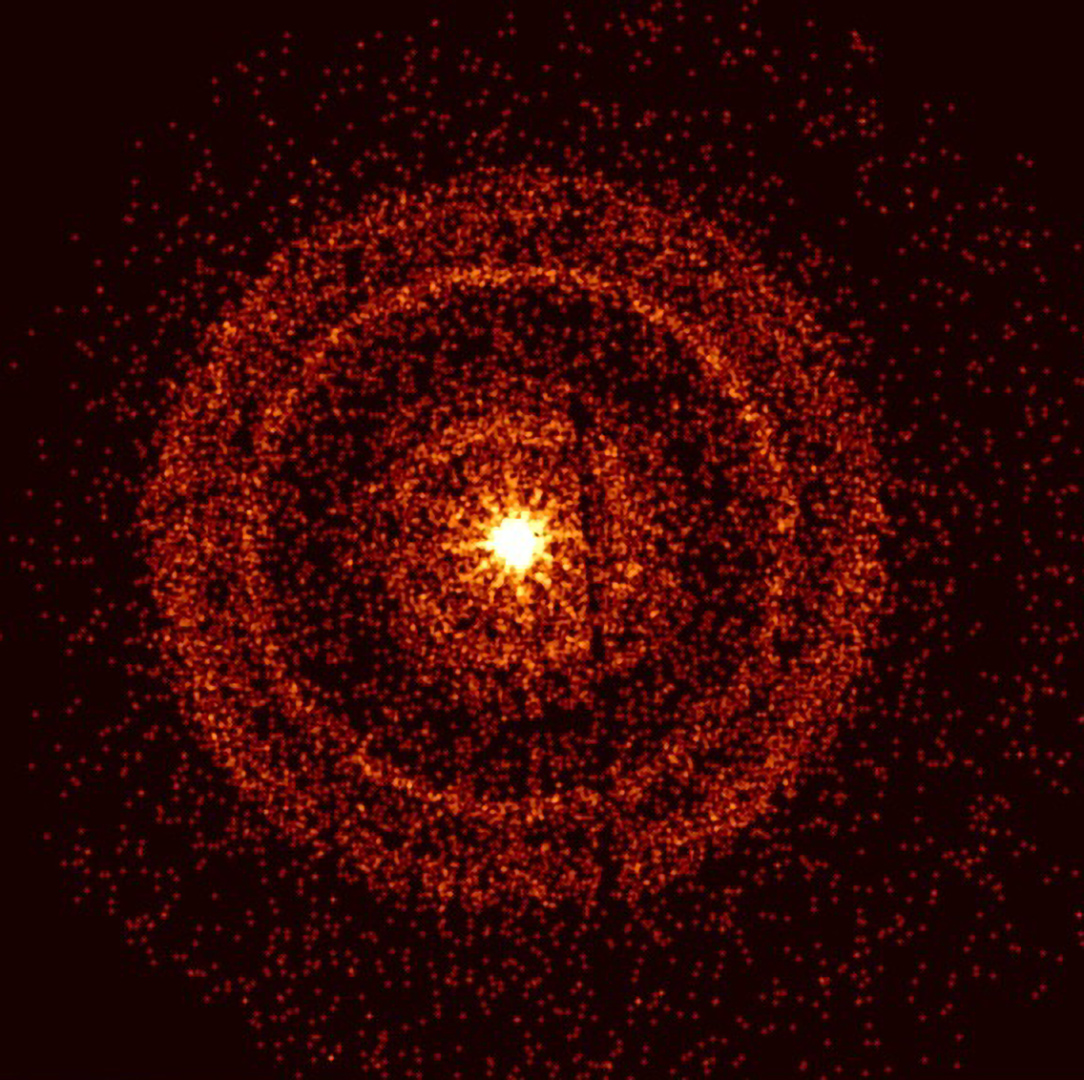 Swift’s X-Ray Telescope captured the afterglow of GRB 221009A about an hour after it was first detected. The bright rings form as a result of X-rays scattered from otherwise unobservable dust layers within our galaxy that lie in the direction of the burst. Credit: NASA
